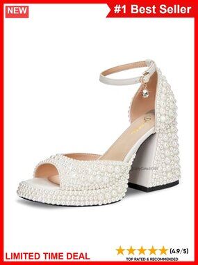 Open Toe Pearl High Heel Sandals Platform Ankle Strap 3.75 Inch